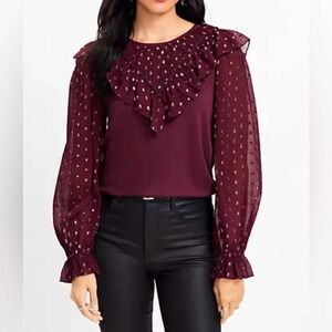 LOFT Shimmer Dotted Ruffle Yoke Mixed Media Top Sz XXL/Crushed Blackberry